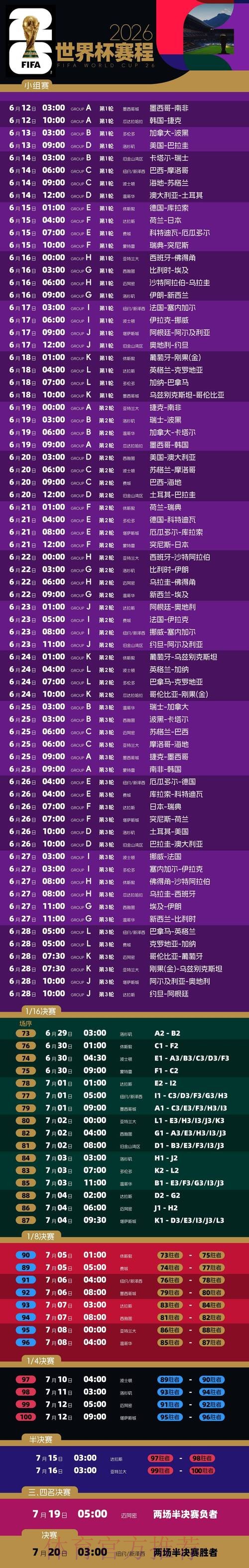 2026世界杯每日赛程高清版实时赛程免费观看